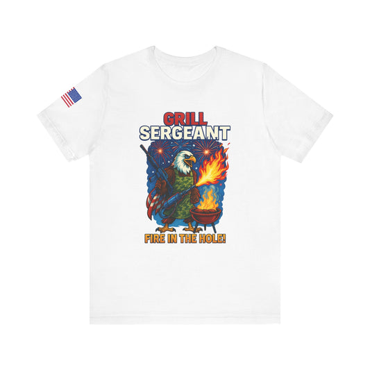 Grill Sergeant Tee - Fire in the Hole | Funny BBQ Shirt, Gift for Grill Lovers, Unisex T-Shirt, Patriotic Cookout Apparel